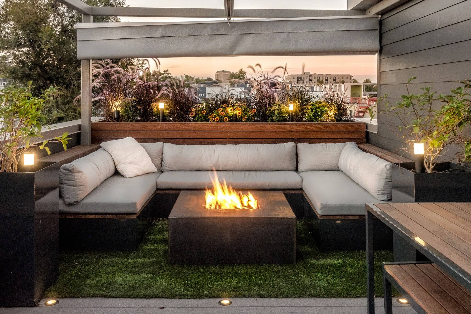 Rooftop Deck With Retractable Canopy, Roof Terrace Fire Pit