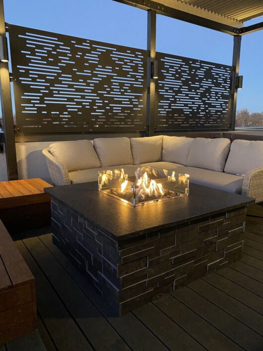 rooftop deck steel pergola privacy screening fire pit outdoor tv denver co